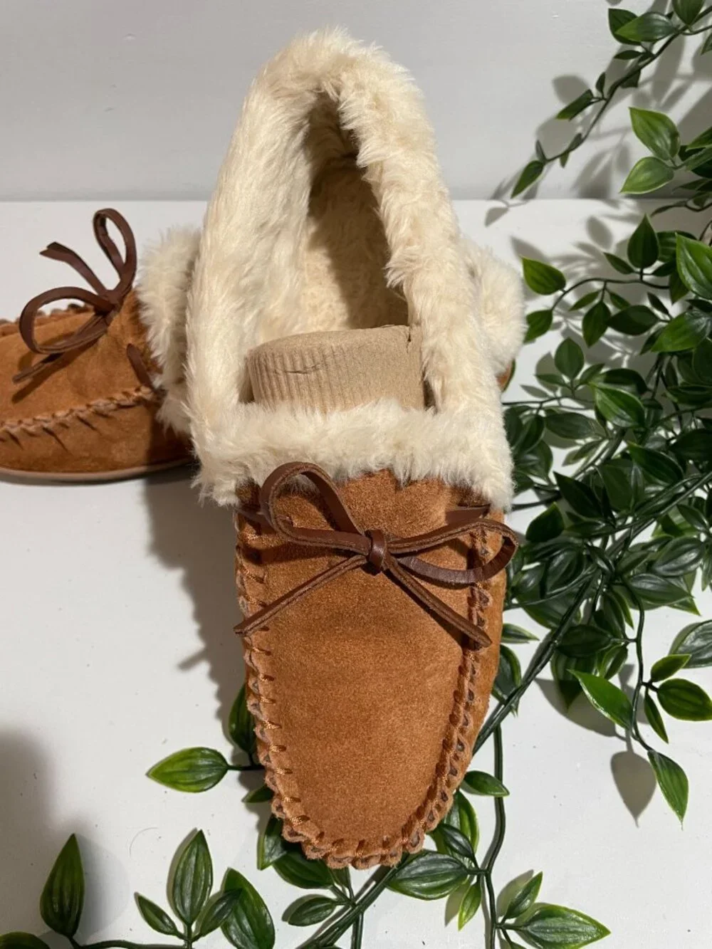J.Crew Womens Faux Fur Lined Moccasin Slippers Size10 Suede Tan&Cream Rubber Sol
